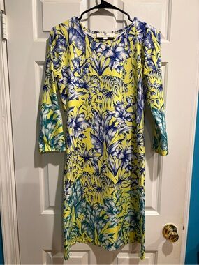 JEAN-PIERRE KLIFA floral birds  dress sz S yellow blue